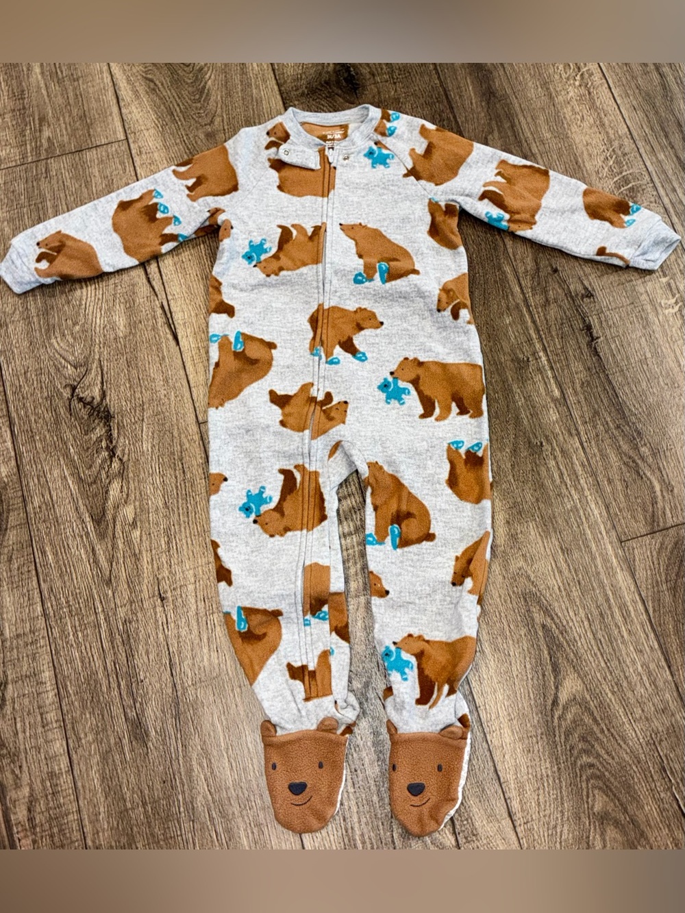Carter's Brown Bear Print Footed One-Piece Pajamas - Gray with Blue Accents